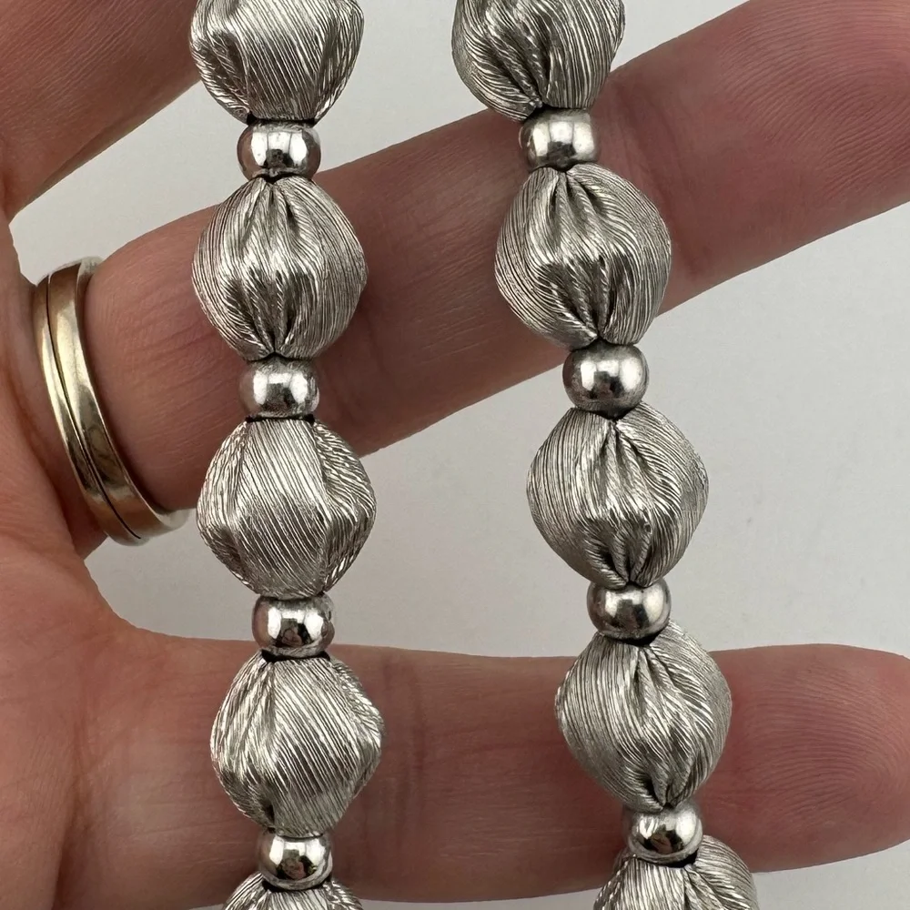 Whiting and Davis Vintage Brushed Silver Bead‎ Necklace And Earring Set